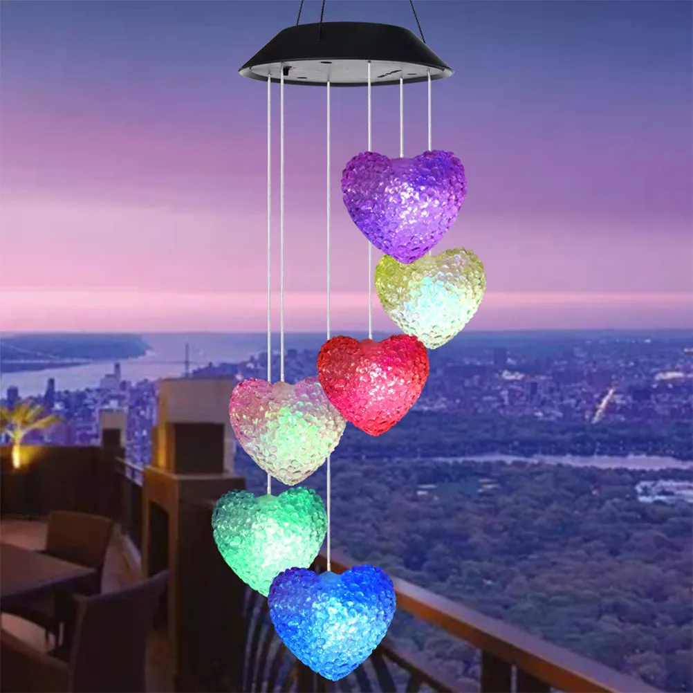 Solar Powered Heart Shaped Wind Chime Light Outdoor Color Changing LED Lamp 6 Lights Auto on At Dusk Ideal for Wedding