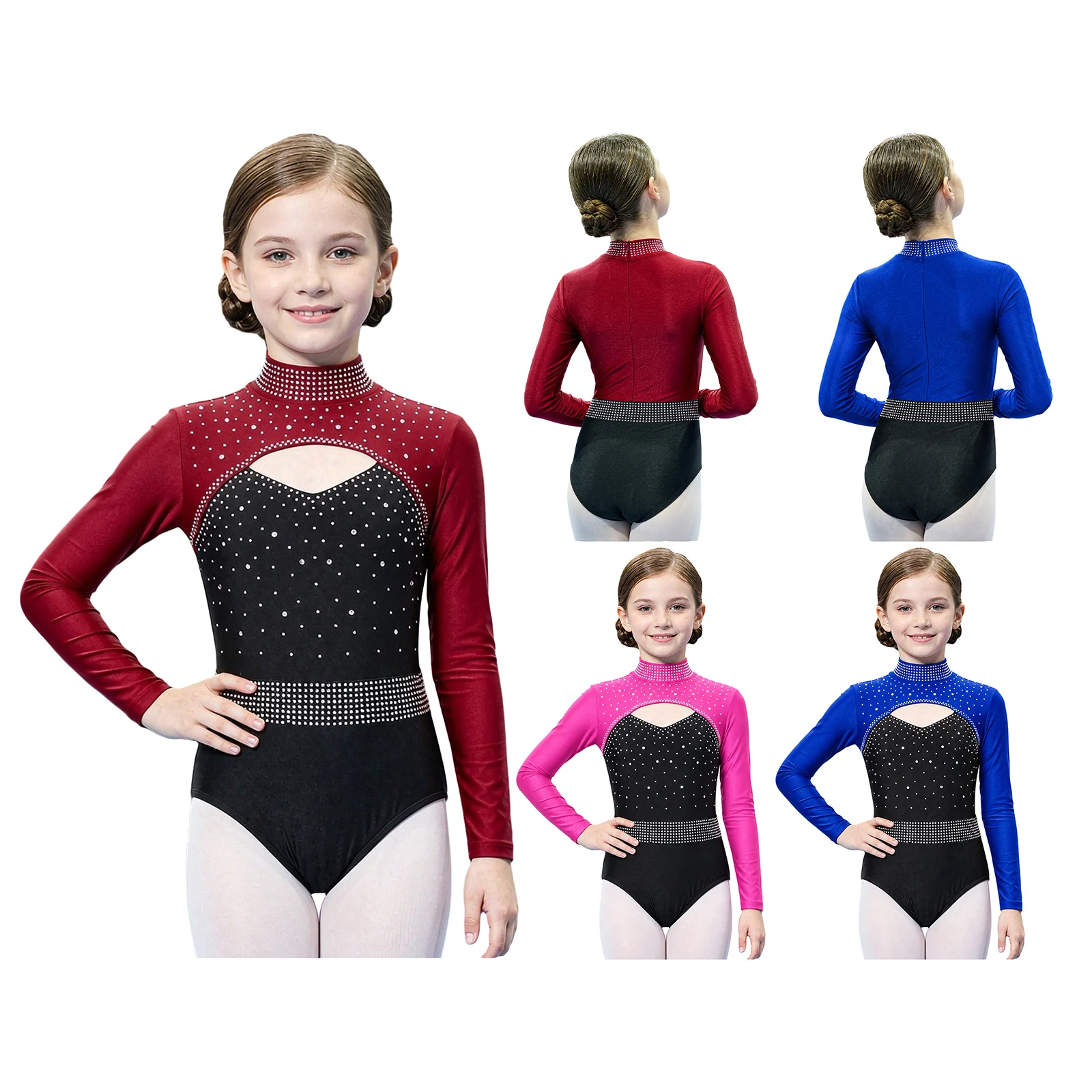 Kids Girls Rhythmic Gymnastics Figure Skating Ballet Jersey Leotard Shiny Rhinestones Bodysuit Competition Performance Costume