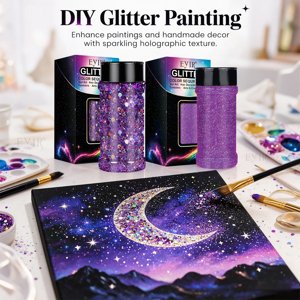 EYIR Purple Holographic Glitter 130g Set 50g Chunky 80g Fine Glitter for Epoxy Resin Tumblers Nail Art DIY Crafts