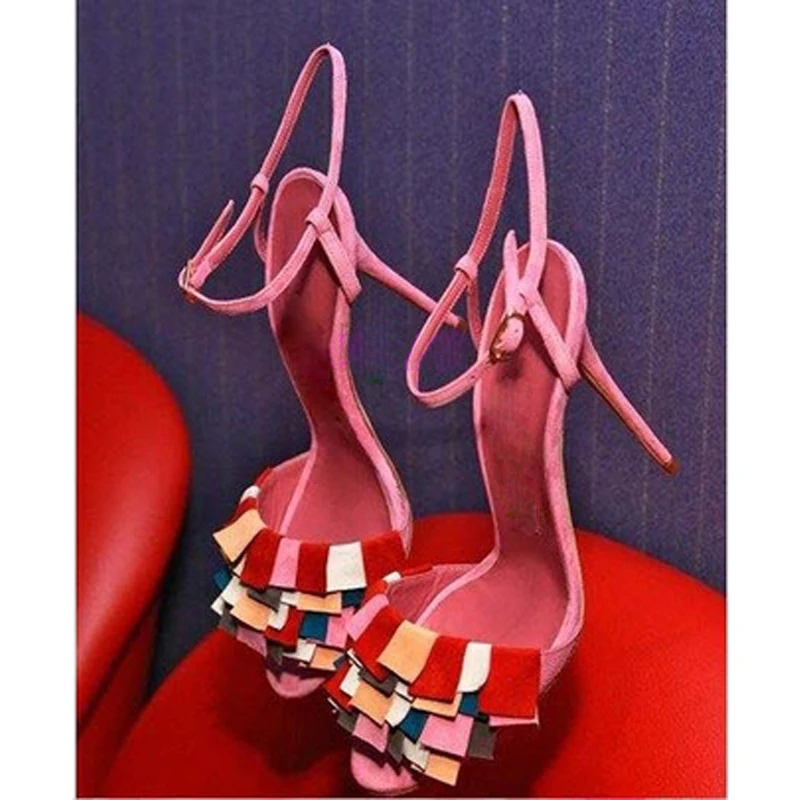 Woman Multi Folded Tassel Sandals Gladiator Ankle Strap Thin High Heels Peep Toe Summer Strappy Party Sandals