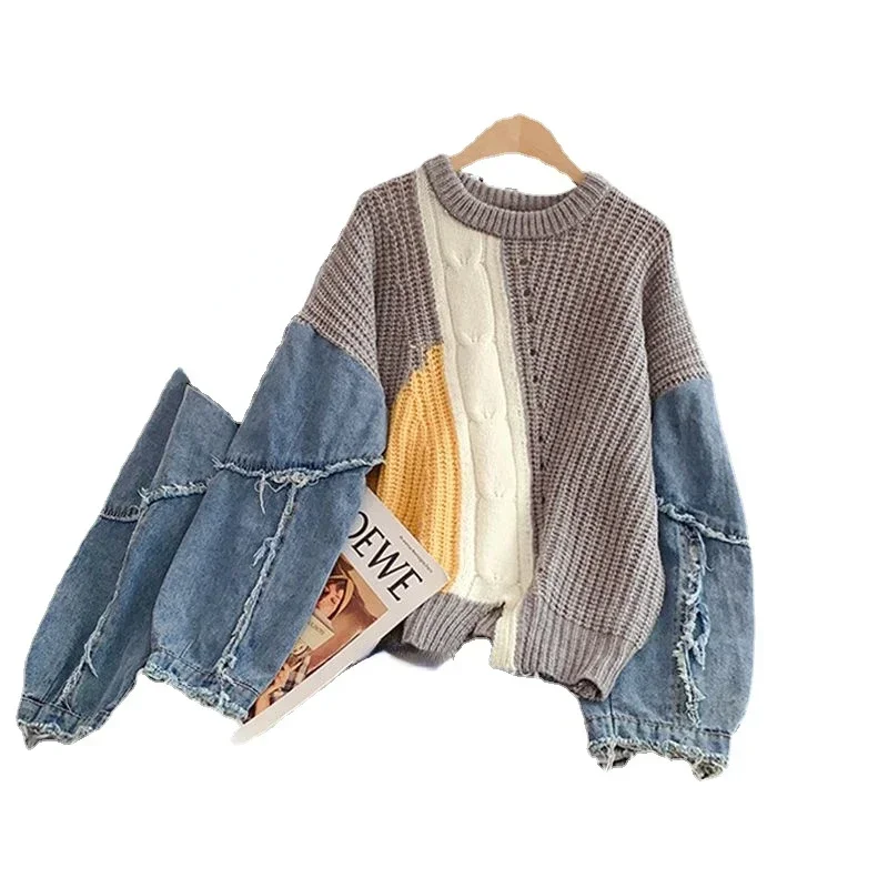 Loose Lazy Knitting Jacket, Pullover, Denim Sleeves, Splicing, Fashionable, Comfortable, Leisure, Autumn and Winter