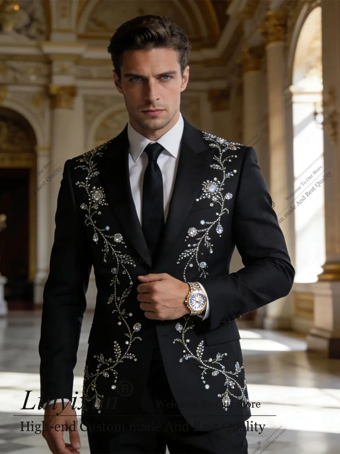 

Luxury Crystals Men Suit For Wedding 2 Pieces Sets Male Prom Blazer Sparkly Diamond Beaded trajes para hombre Customized