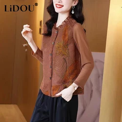 Autumn Winter New Ruffles Collar Vintage Jacquard Long Sleeve Blouse Women Elegant Fashion Slim Buttons Top Women Cardigan Shirt