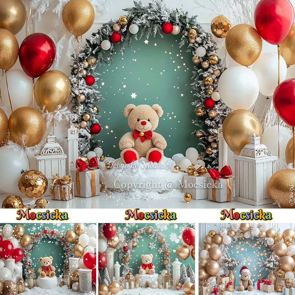 Mocsicka Christmas Bear Background Photography Arch Xmas Wreath Snowflakes Gift Balloon Wall Backdrop Winter Kids Photo Studio