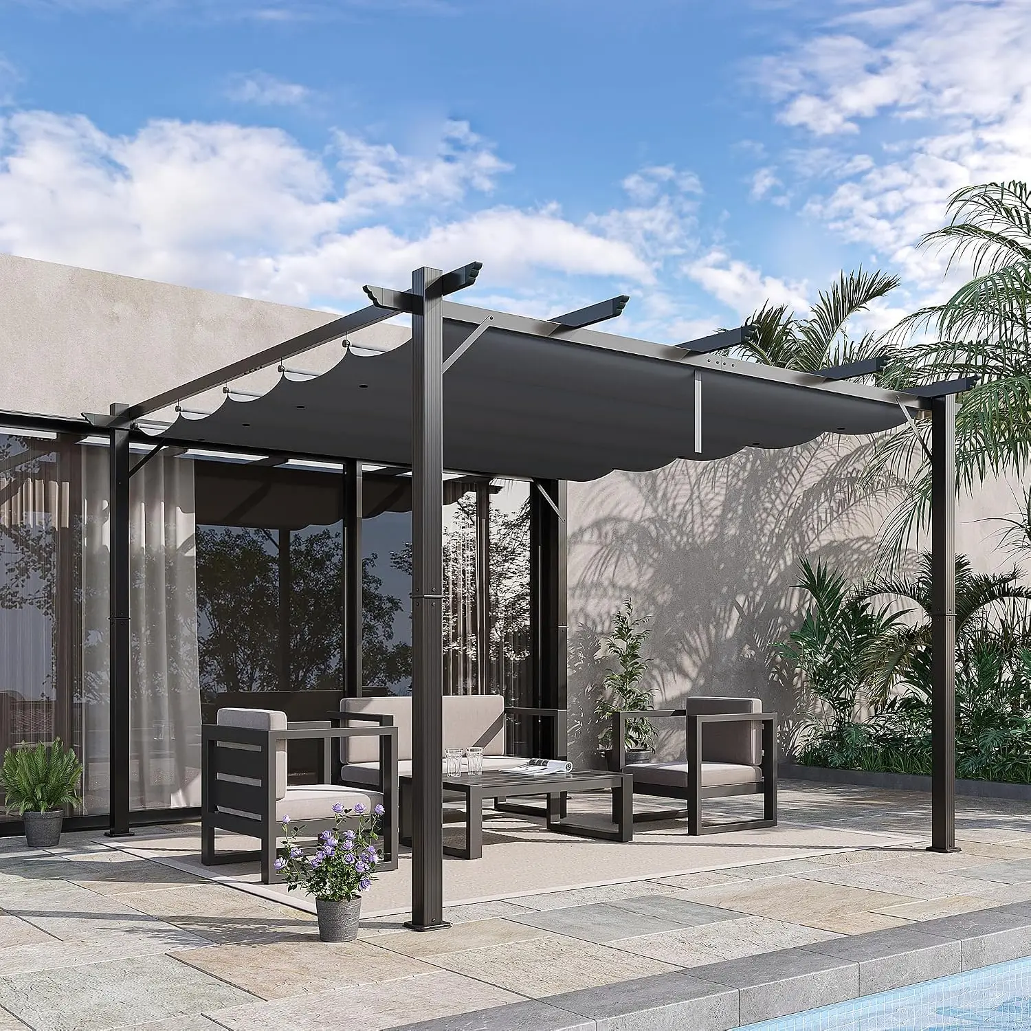 Aluminum Patio Pergola, Outdoor Retractable Canopy Gazebo For Backyard Porch Garden, Weather Resistant Sun Shade Shelter, Modern Minimalist Freestanding Metal Pavilion, Dark Gray, 1 Pack