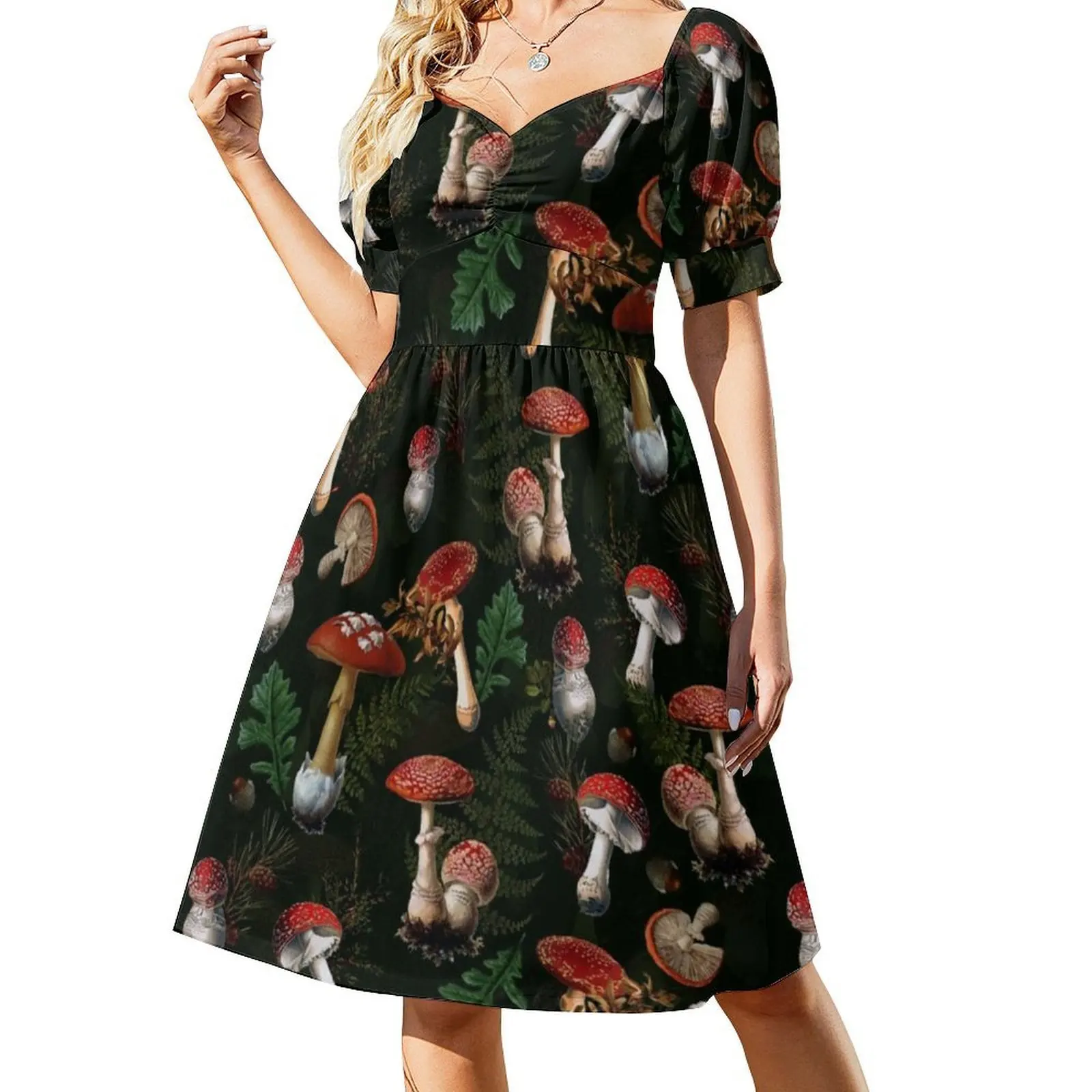 Belle robe sans manches bohème botanique noire du royaume des champignons de minuit pour femmes, robes de soirée de plage imprimées, Academia foncé