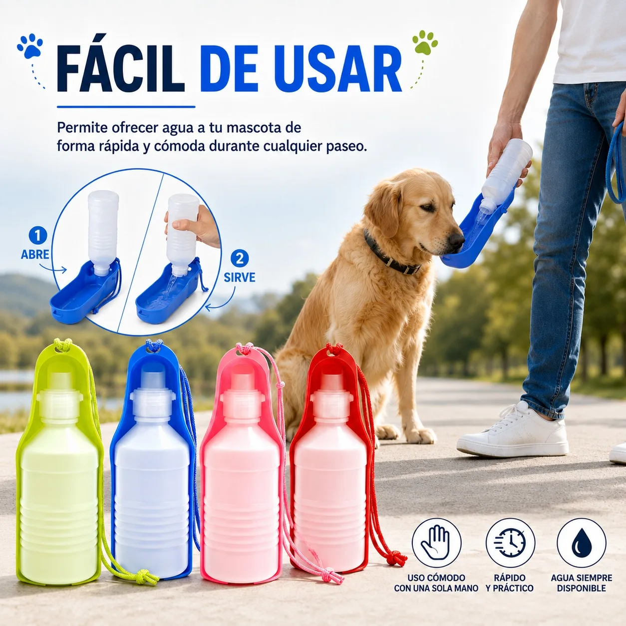 Bouteille d'eau portable pour chiens et chats 500 ml, distributeur d'eau de voyage 2 en 1 avec bol intégré et cordon, distributeur d'eau pour animaux de compagnie lors des promenades et des randonnées, plastique durable