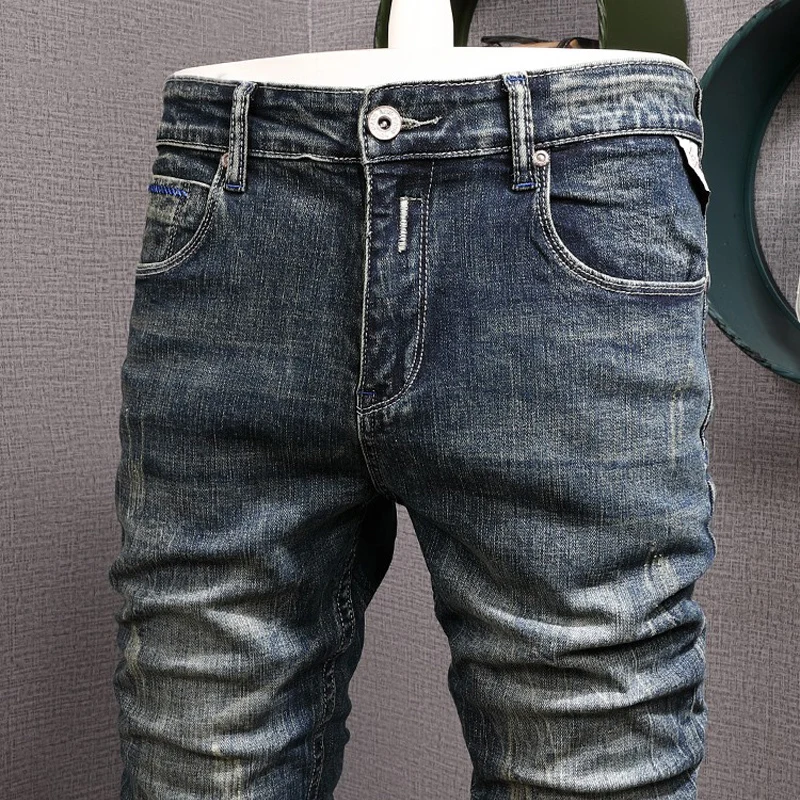 Fashion Trends Designer Men Jeans Retro Blue Elastic Stretch Slim Ripped Jeans Men Straight Trousers Vintage Denim Pants Hombre