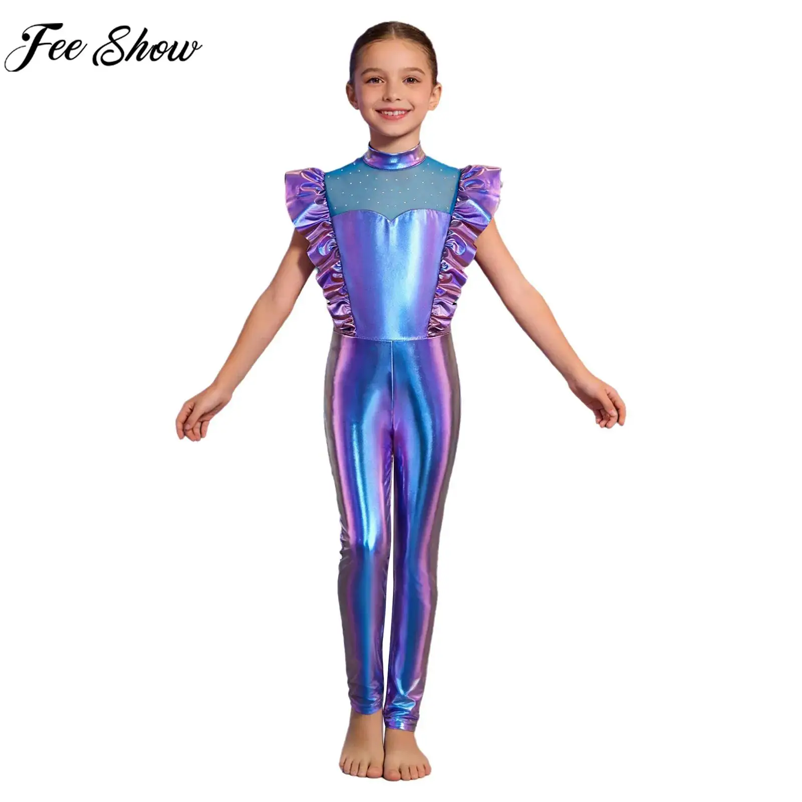Girls Halloween Space Alien Robot Astronaut Cosplay Costume Metallic Shiny Jumpsuit Ballet Dance Gymnastics Acrobatics Leotard