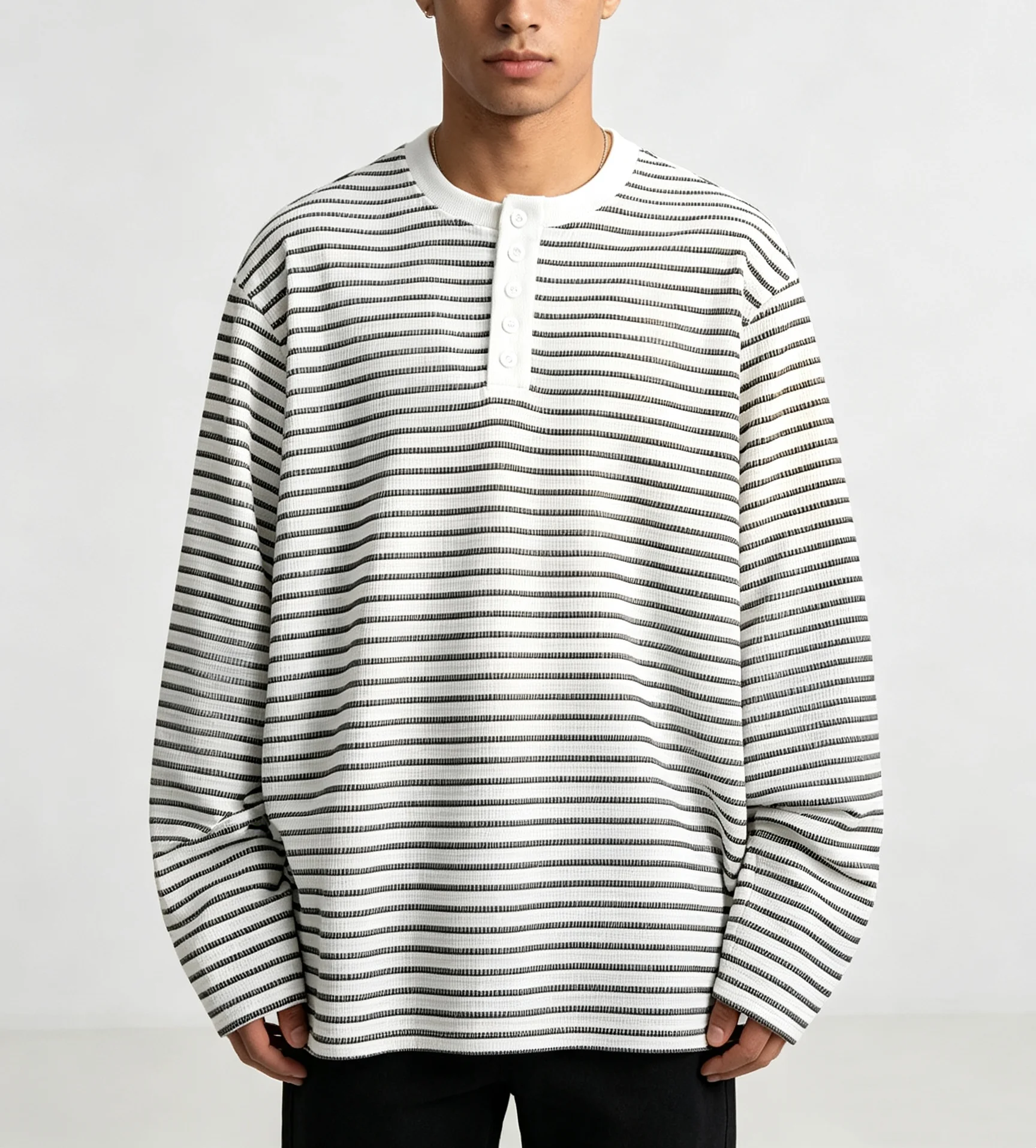 Autumn New Henry Collar Striped Button Casual Plus Size Loose Long Sleeve T-Shirt Men Soft Knit Underwear Base Layer Top
