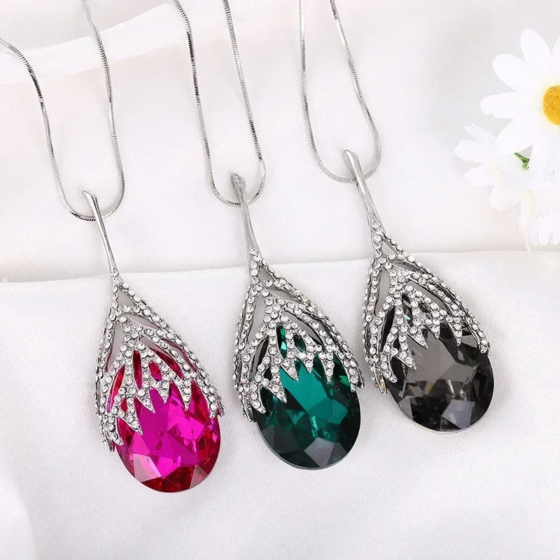Big Crystal Water Drop Pendant Long Necklace for Women 2026 Vintage Jewelry Elegant Statement Jewelry Kolye