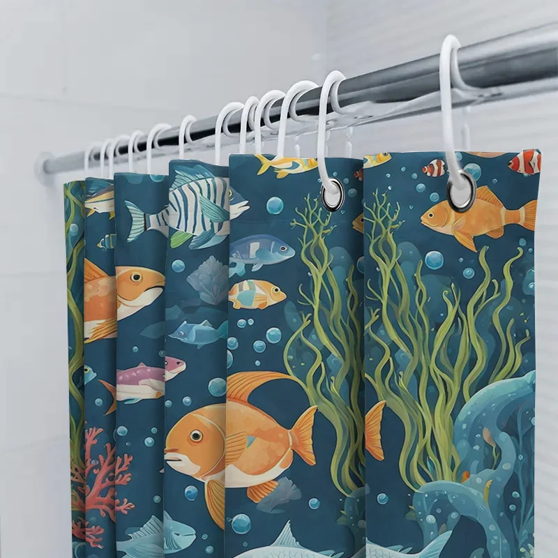 ستارة دش عالمية تحت الماء مطبوعة مرجانية على شكل سمكة نابضة بالحياة لديكور الحمام قماش مقاوم للماء مع حلقات بمقاسات مختلفة متوفرة #5