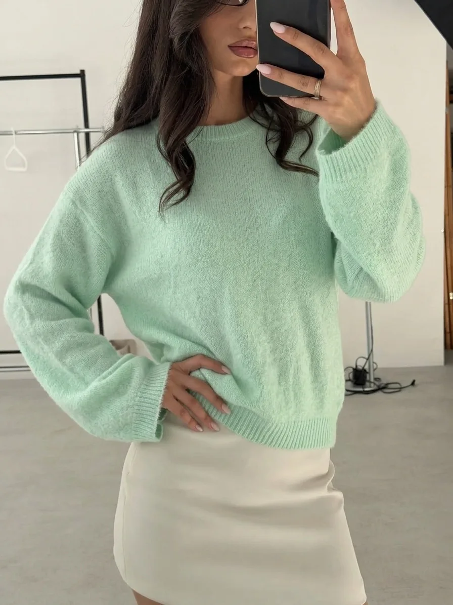 2026 Fall/Winter New Arrival Faux Fur Loose Round-Neck Sweater Women's Lazy Style Soft Knit Pullover Cross-Border
