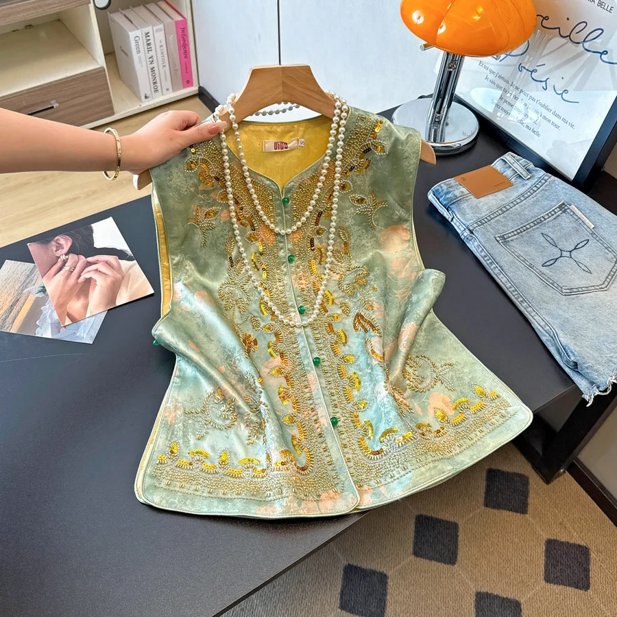 Handmade Chinese Style Green Vest Top with Gold Diamond Embellished Button Stand Collar Improved Traditional Design Outerwear