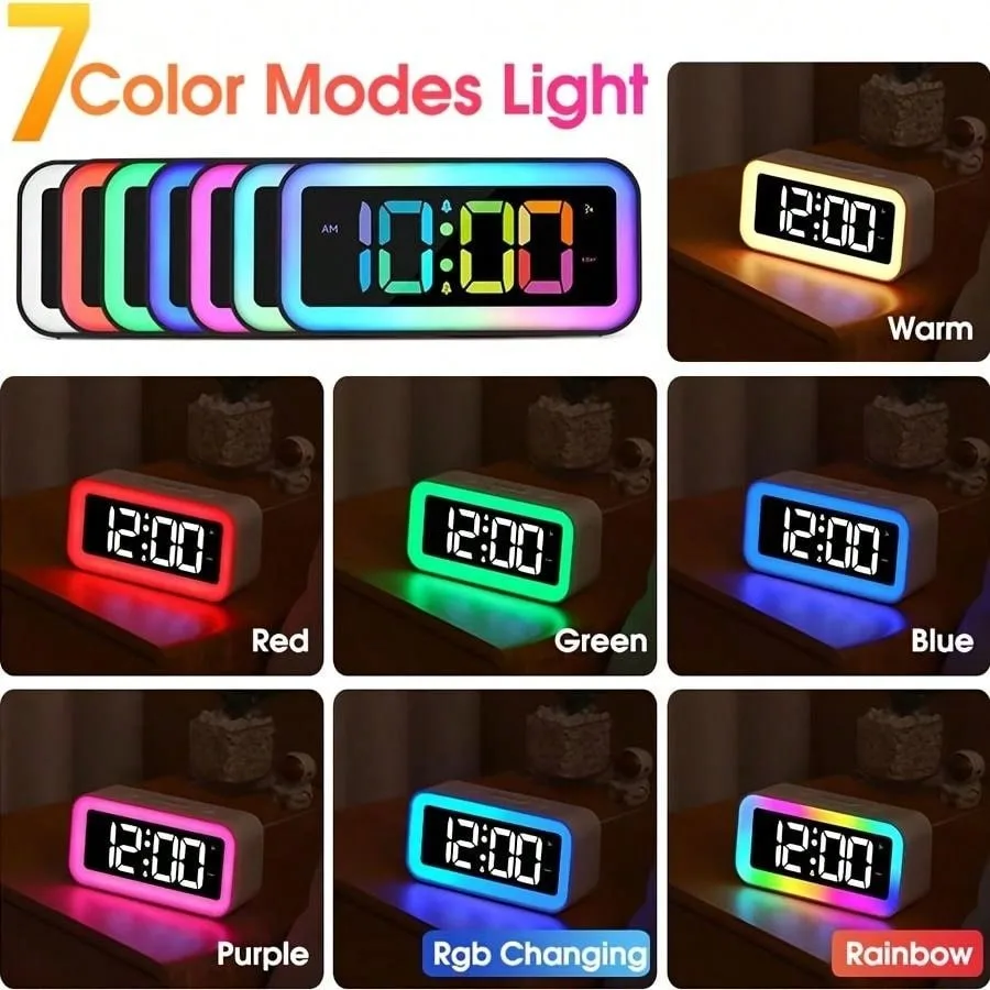 Oneway Digital Alarm Clock, RGB Colorful LED Clock, Alarm Clocks Bedside Mains Powered, Adjustable Brightness, Screen Always-Lit