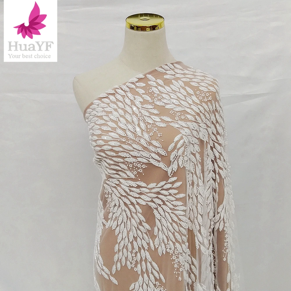 Latest French Lace Embroidery Fabric With  3D Beads Material For Women White Dress Factory Price 5 Yards HY2014