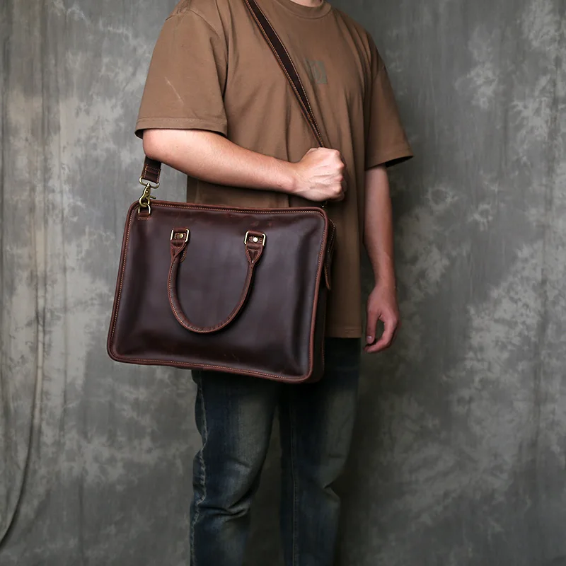 Tas Tangan Kulit Sapi Lapisan Atas Retro Tas Kerja Kulit Asli Sederhana Tas Komputer Buatan Tangan Kulit Kuda Gila Kapasitas Besar