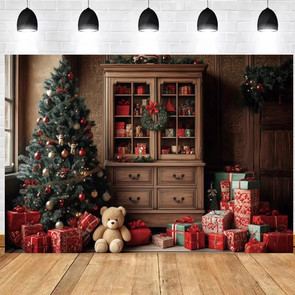 Gray Wooden Door Cabinet Teddy Bear Christmas Tree Gift Banner Background, Birthday Party, Home Decoration Photography Backdrop