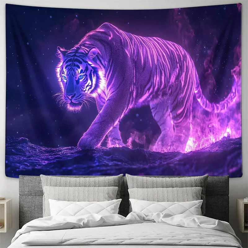 Glowing Purple Neon Tiger in Cosmic Night Sky Wall Tapestry Machine Washable All Season Decor Print Home Elevate Your Space
