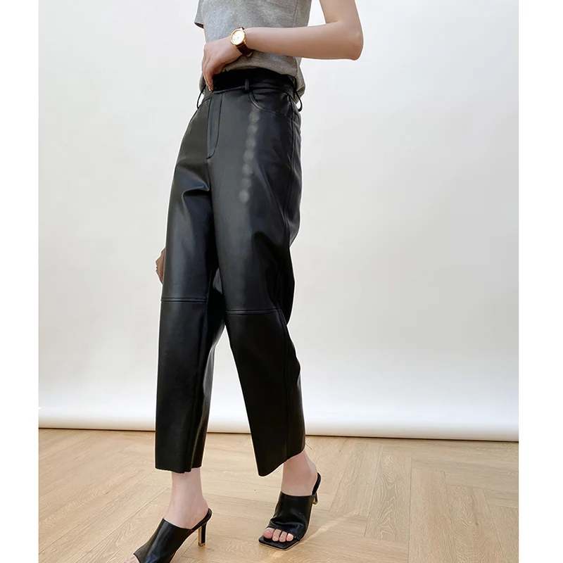 Fashion Women\'s Clothes Slim High-elastic Nine-point Straight Leather Pants Simple All Match High-waist Pants Early Autumn 2023