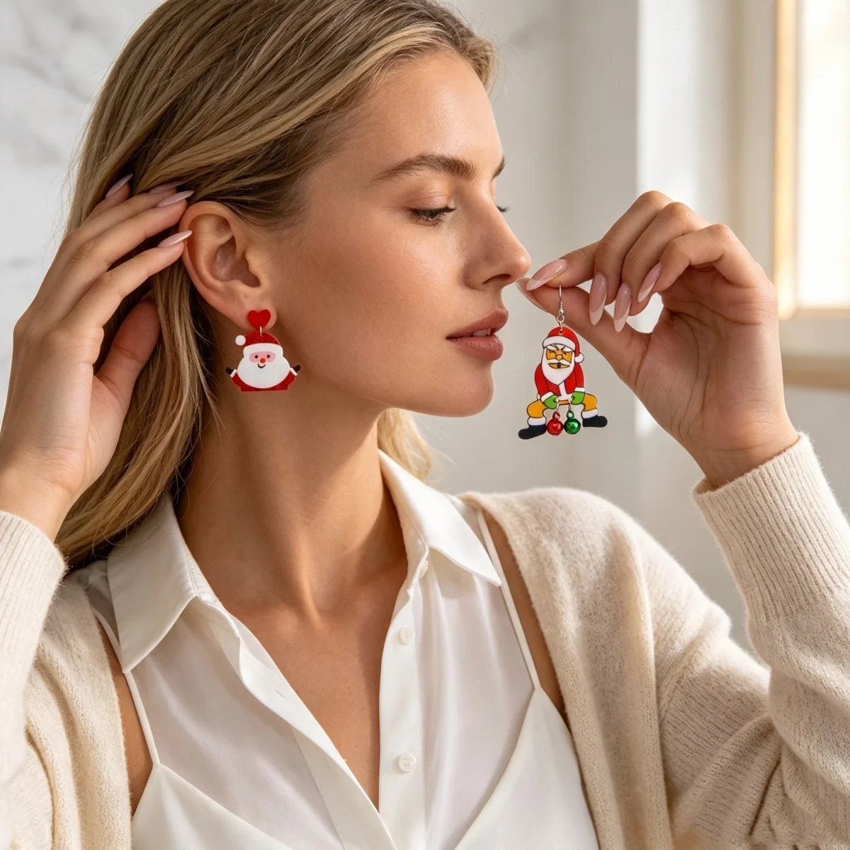 2 Paar/Set Cartoon Acryl Weihnachtsmann Weihnachts-Ohrhänger für Frauen Niedliche Sitzende Glocken Quasten Weihnachts-Ohrringe Neujahrs-Schmuck – Detail 10
