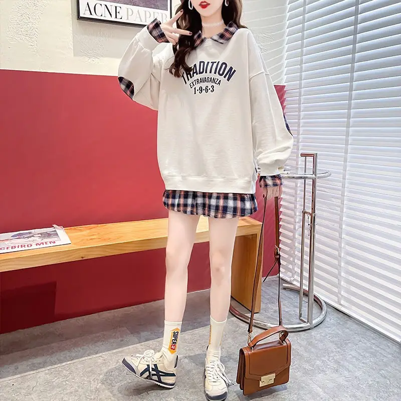 2023 Spring/Summer New Fake Two Piece Sweater Women's Polo Neck Letter Print Thin Slouchy Loose Top Fashion