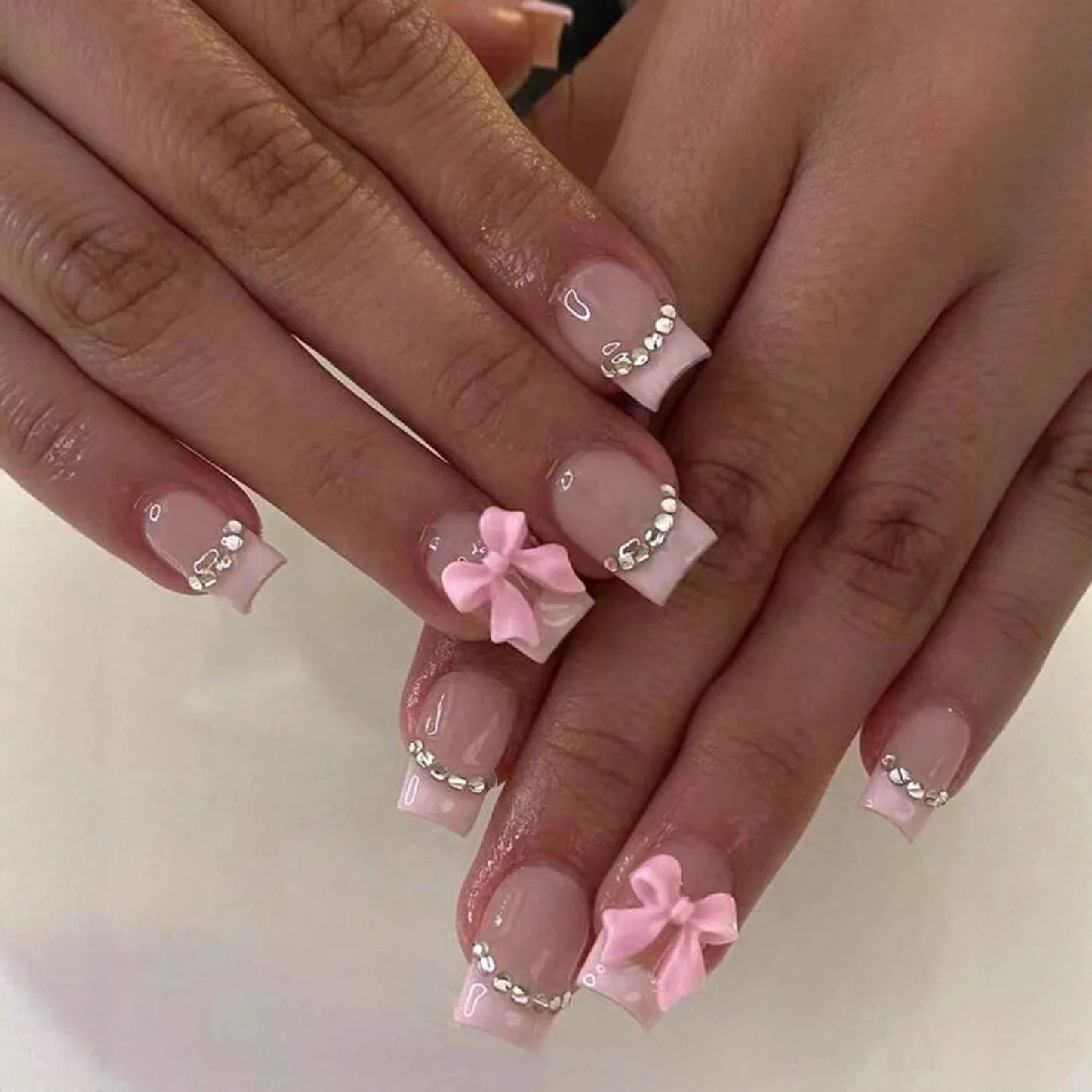 Black French Tips Fake Nails for Women Short Ballet Press On Nails Bowknot/Rhinestone Decor Full Cover Detachable False Nails