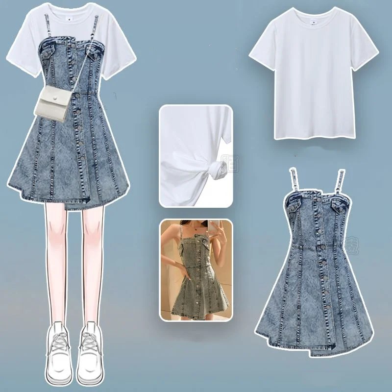 Women's Summer Dress Suit  2023 New Arrival Korean Edition Wearing Sunscreen Shirt Slim Denim Strap Dress 2 Piece Set
