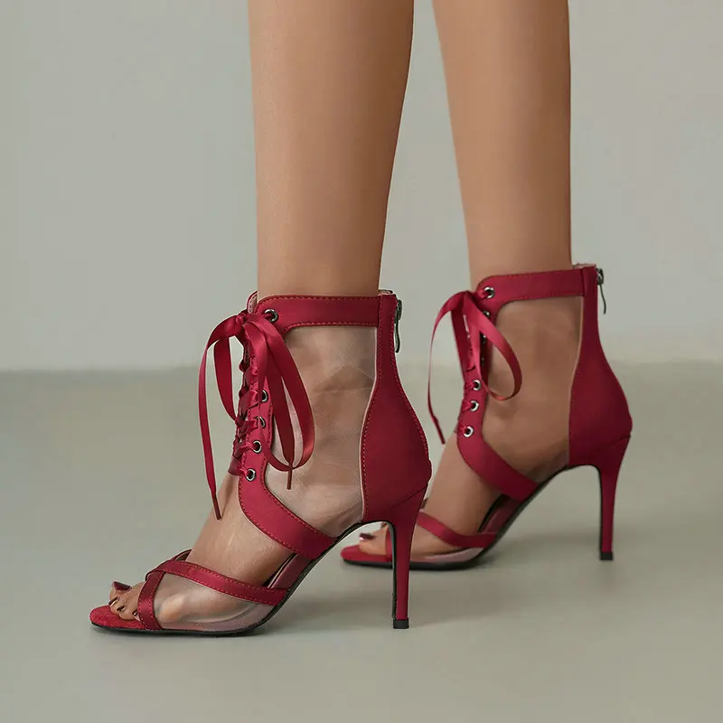 Women Mesh Peep Toe Jazz Dance Ankle Boots Stiletto High Heels Lace Up Pole Dancing Latin Salsa Performance Sandal Booties