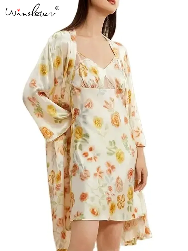 

V Neck Floral Night Robe Set,100%Mulberry Silk Nightgown for Women,Skin Friendly Pajama,2024 Spring New S41927QM