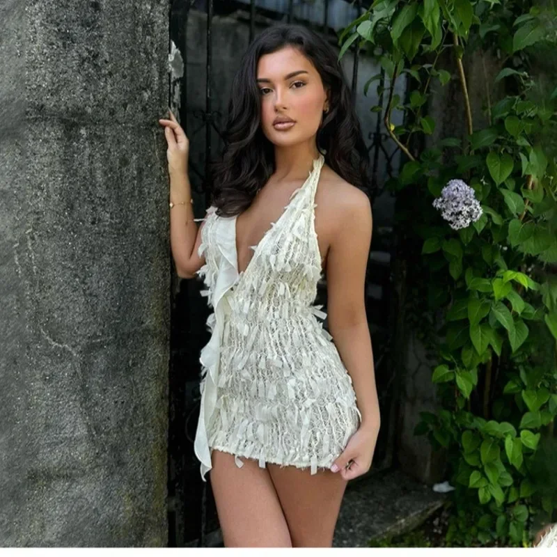 Sukienka damska 2025 Sexy Halter Tassel Biała Y2K Elegancka Prześwitująca Letnia Modna Bez Pleców Obcisła Elastyczna Midnight Bodycon Clubwear