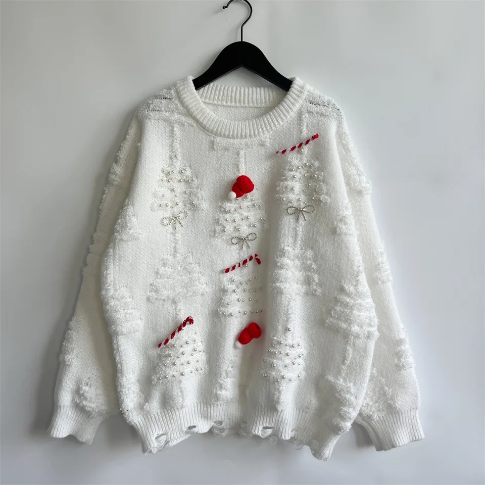 Pull de noël pour femmes, automne/hiver, nœud à ongles, perle, rouge, tricoté, hauts, mode américaine, Jacquard, pulls du nouvel an