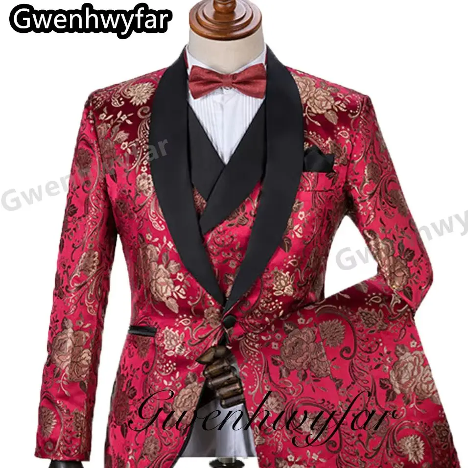 

Мужской зимний костюм-тройка Gwenhwyfar 2025: Формальный красный жаккардовый твидовый костюм с шалевым воротником, приталенный, для жениха, свадебный смокинг (пиджак + брюки)