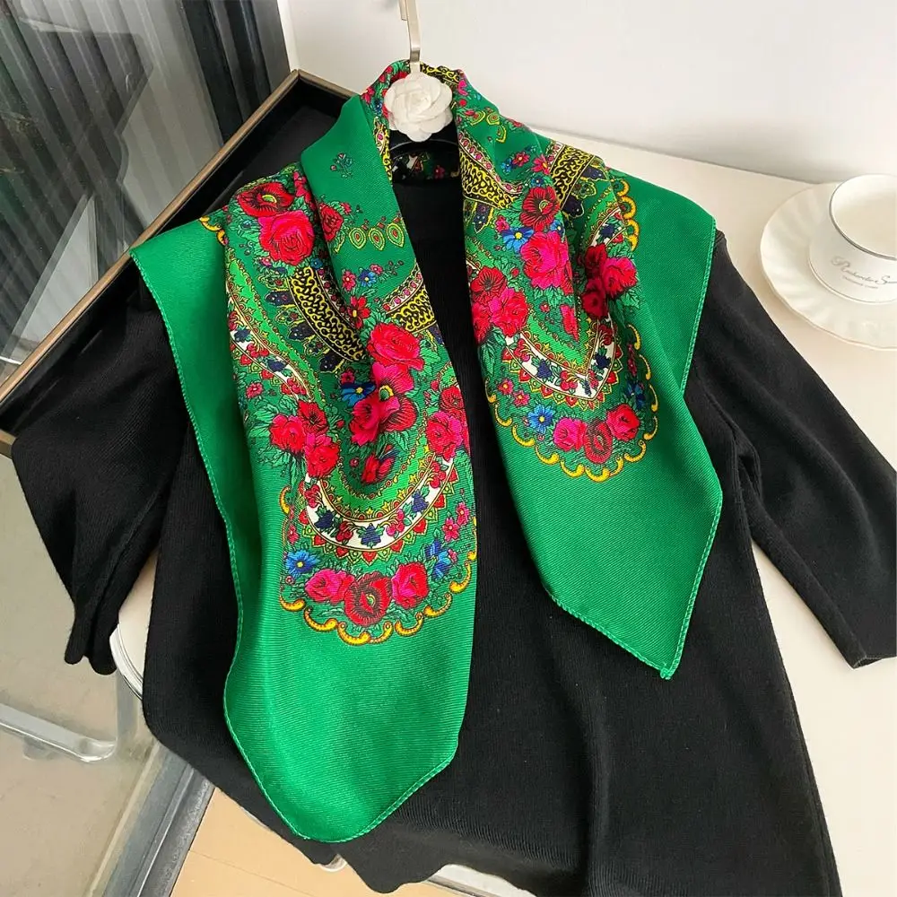 

High Quality 70X70CM Flower Head Scarf Polyester Ethnic Style Hijab Headband Sunscreen Square Silk Scarf