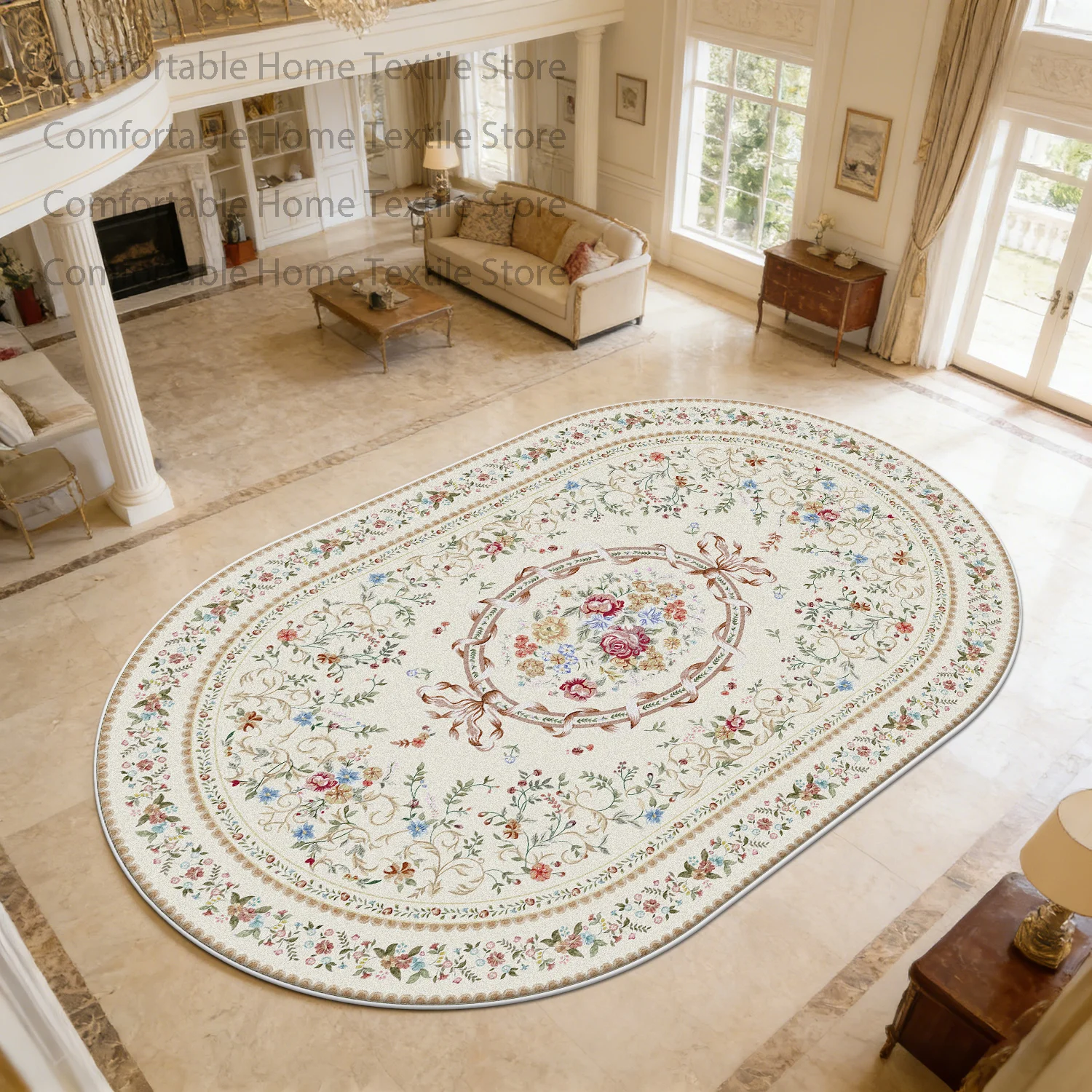 European Luxury Style Oval Living Room Carpet Decoration Bedroom Bedside Non-slip Soft Rug Washable Short Velvet Fluffy Foot Mat