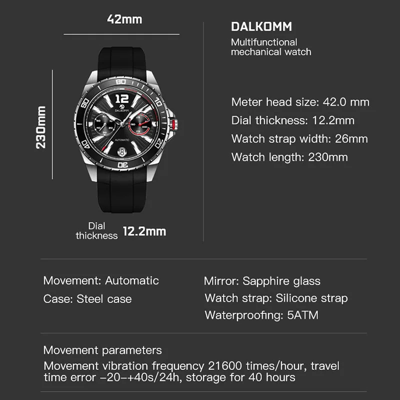 DALKOMM Men Mechanical Wristwatch Hangzhou Dynamic Storage Movement Sapphire Mirror 50M Waterproof Silicone Strap Watches H7237