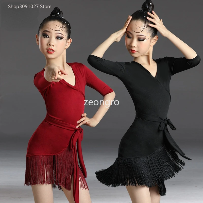 Mid short Sleeve Lace Mesh Mordern Ballroom Dancing Dresses For Kids Sexy Salsa Tango Skirt Children Latin Dance Dress For Girls