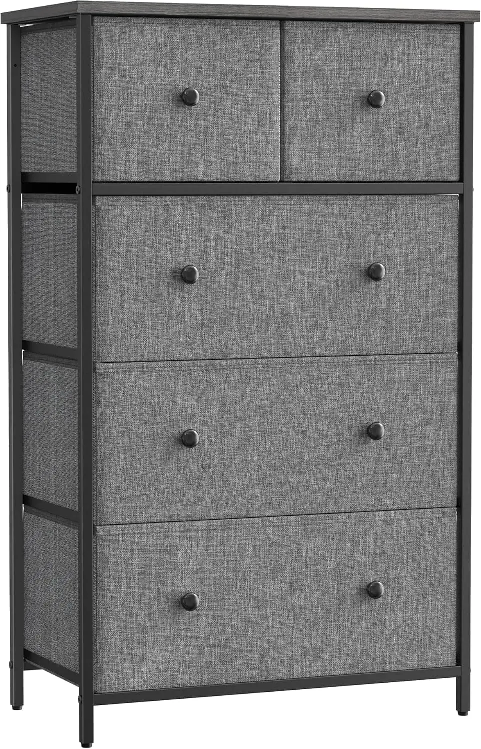 Drawer Dresser, Storage Dresser Tower with 5 Fabric Drawers, Dresser Unit, for Hallway, Gray and Black with Wood Grain