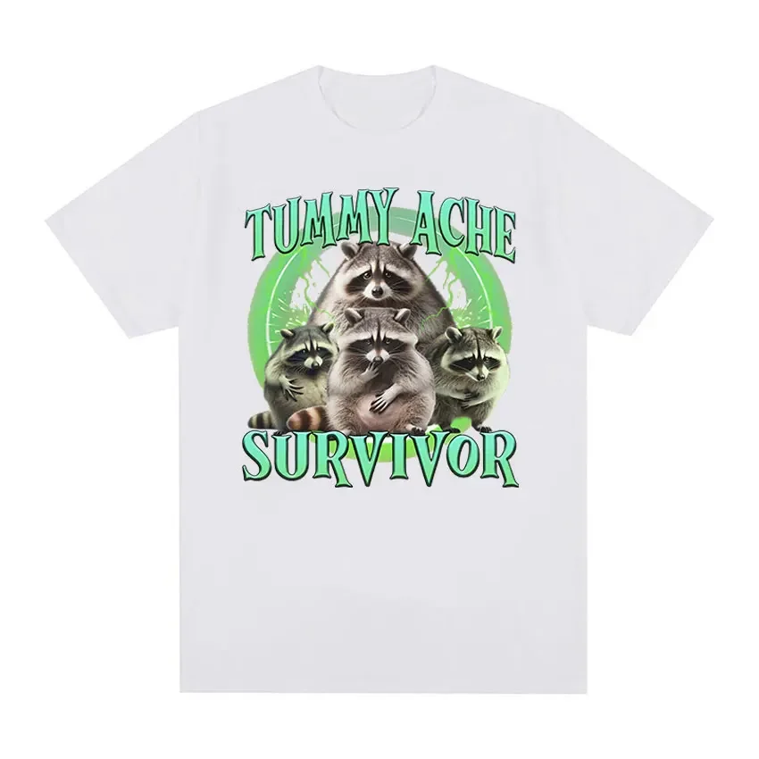 Tummy Ache Survivor Raccoon Graphic T Shirt Śmieszne Męskie Kobiety Moda Odzież T-shirt Tops Casual 100% Bawełna Oversize Tshirts