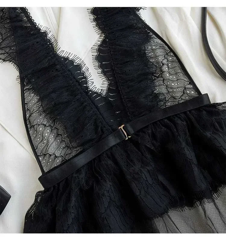 Sexy Ruffles Lace Camisole Suit Source Point V-neck Lace Bow Cute Home Service Camisole Nightgowns Women Sleeping Dress