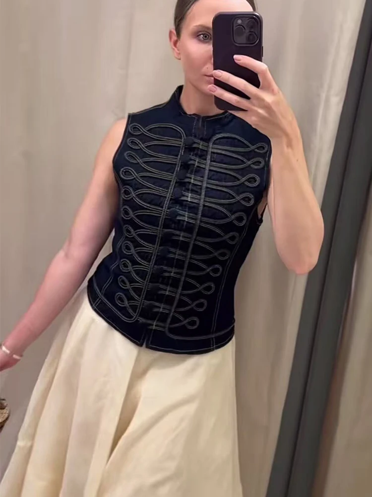 Women Summer Dark Denim Vest Stand Collar Vintage Single Breasted Cropped Fitted Sleeveless Waistcoat Fashion Streetwear