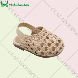 11.5-15.5cm Brand Weaves Toddler Girls Sandalias,Brown Pink Hollow Elastic Band Baby Outside Slippers,Enfants Girls Summer Flat