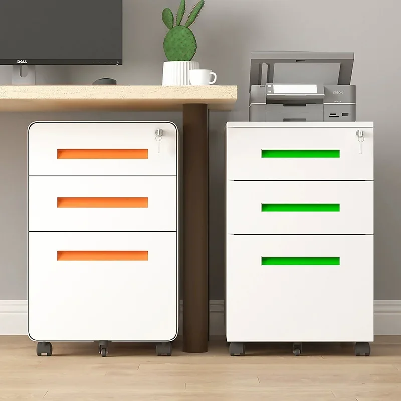 Modern three-drawer mobile iron filing cabinet with locking desk for office wood-panel style plastic material storage cabinets