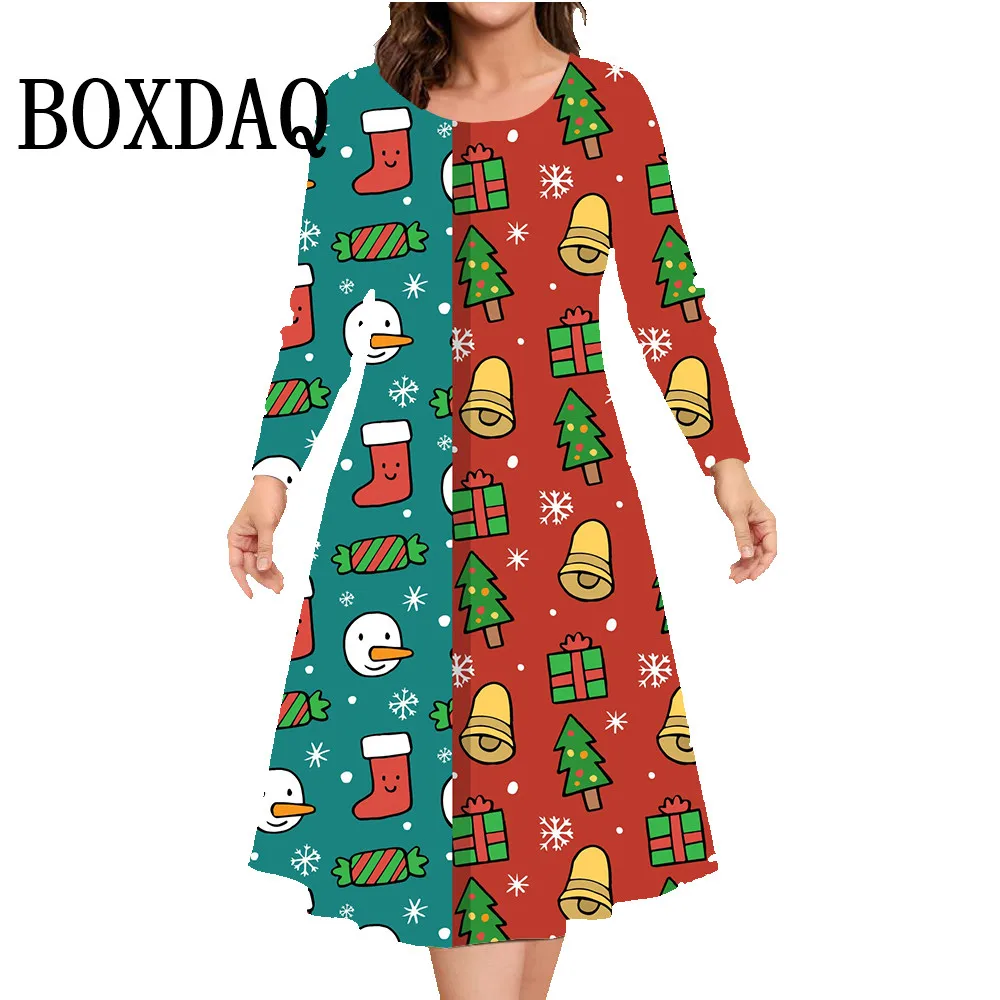 Autumn Winter Christmas Snowflake Dress Women Party Clothing Cute Sweet Squirrel Print Long Sleeve Dress Loose Plus Size Fashion