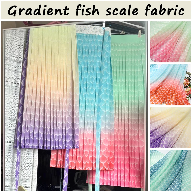 

1M Gradient Color Chiffon Fabric Fish Scale Printed Tulle Fabric for DIY Chinese Ancient Style Hanfu Dress Stage Costume Decor