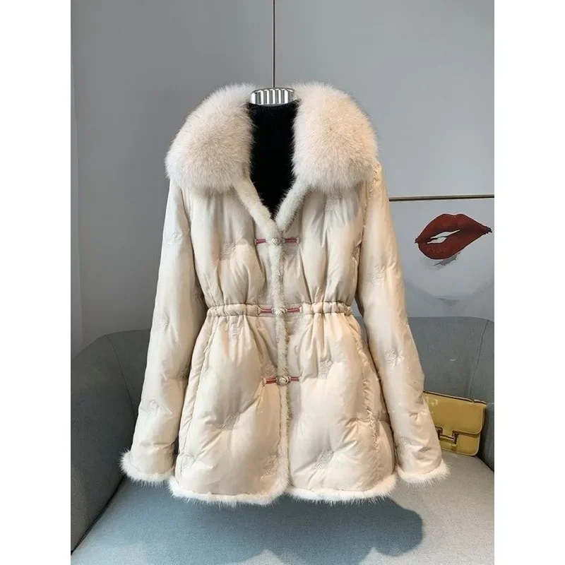 Young Fashion Chinese Style Fur Down Long Coats Winter for Women 2025 Winter New Fox Fur Collar Medium Length Goose Down Coat