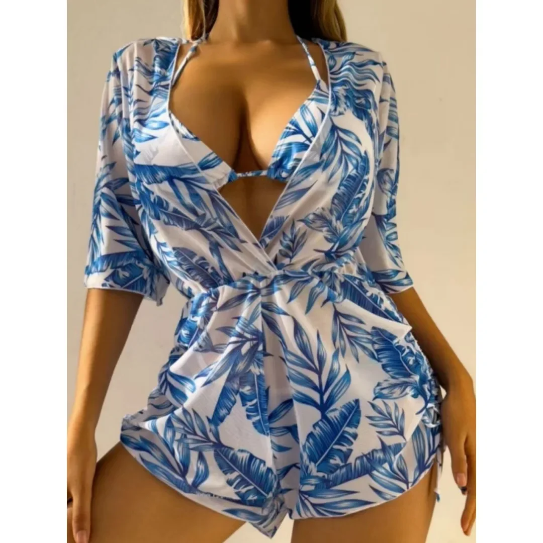 New 11 Colors Women Bikini 3 Piece Set Halter Top Mid Waisted Bottom + Long Sleeved Drawstring Cover Up 2025 Sexy Slim Beachwear