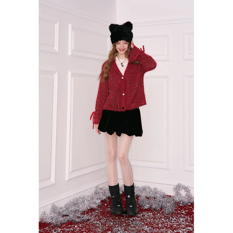 سترة ELFSACK Y2K لطيفة منقطة على شكل حرف V برباط على شكل فيونكة للنساء #3