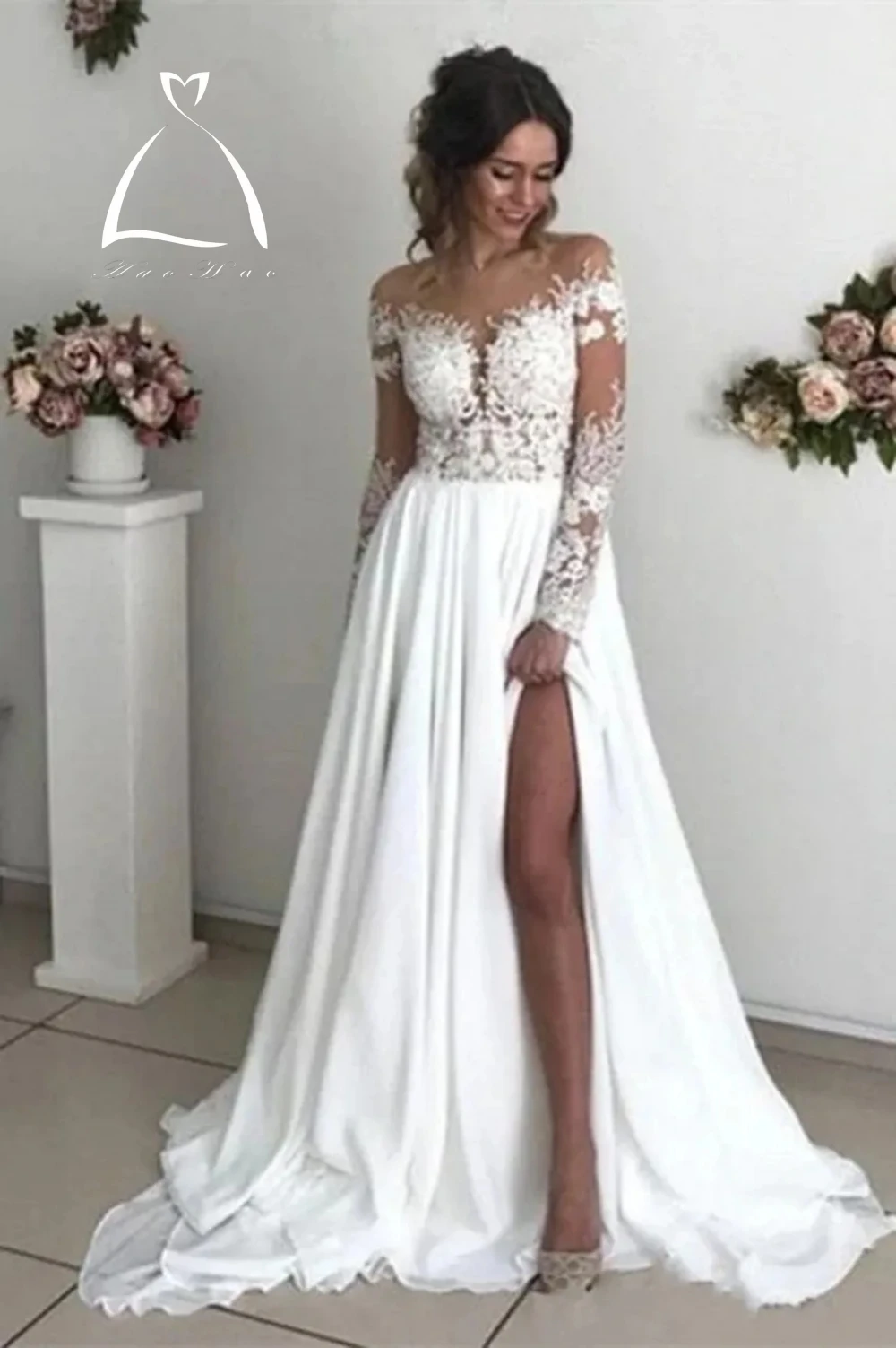 

Glamorous Lace Chiffon Bohemian Wedding Dresses Sheer Long Sleeve Bridal Gowns Appliques Jewel Neck Illusion Back With Buttons