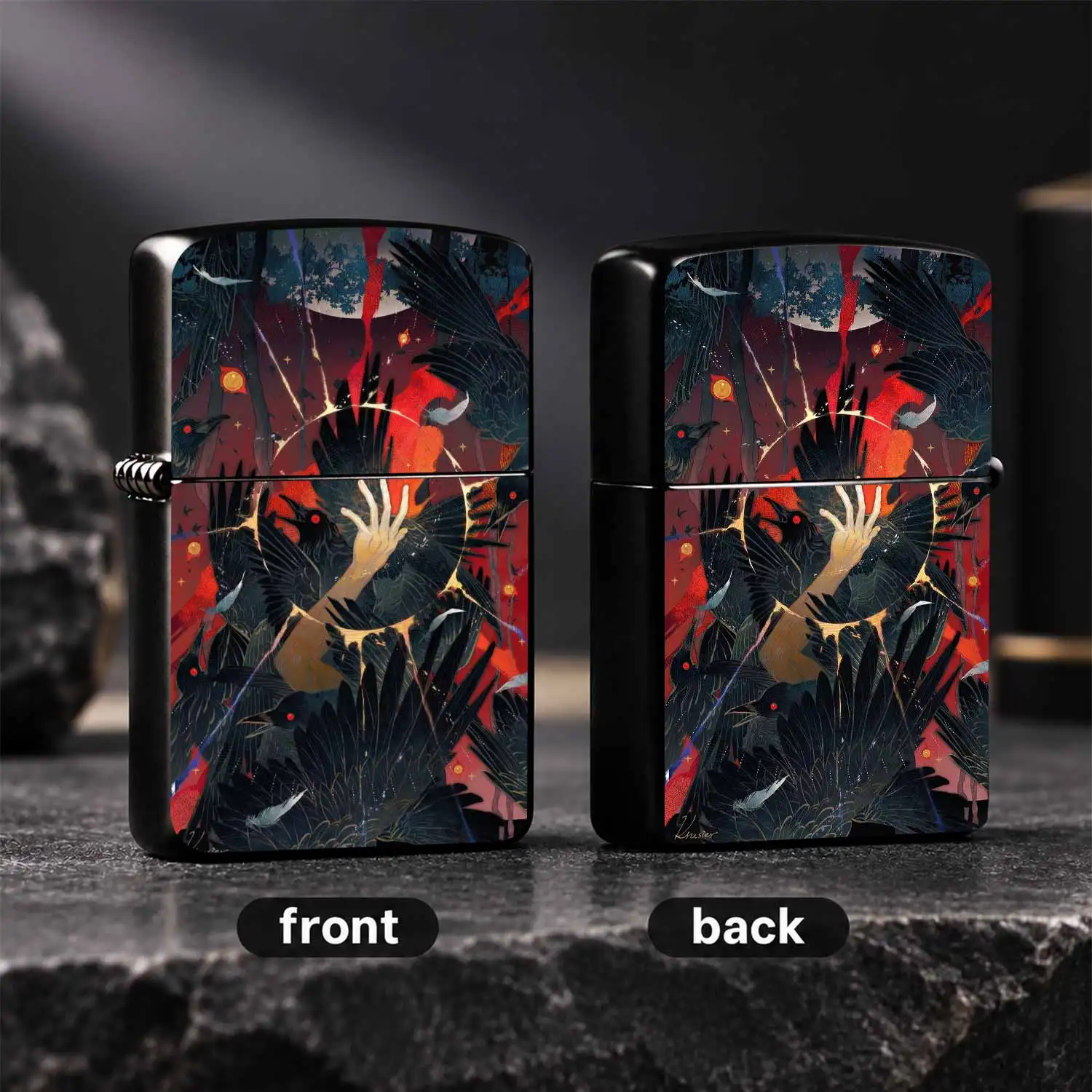 Stylish Dark CROW Group Art Printed Lighter, Windproof Durable PORTABLE Daily Use Ignition Tool, Creative Fantasy Red Moon Forest Imagery Collectible, Unique Niche Practical Festival Gift for Boyfriend Hobbyists, Premium Lighter Suitable